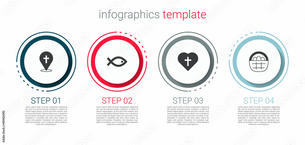 Set Location church building, Christian fish symbol, cross heart and Basket with easter eggs. Business infographic template. Vector Set Location church building, Christian fish symbol, cross heart and Basket with easter eggs. Business infographic template. Vector