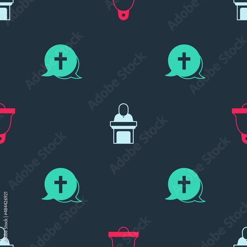 Set Church bell, pastor preaching and Christian cross on seamless pattern. Vector
