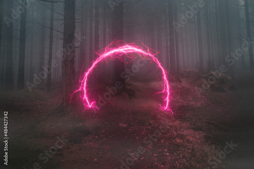 Neon portal in the foggy forest, magical evening