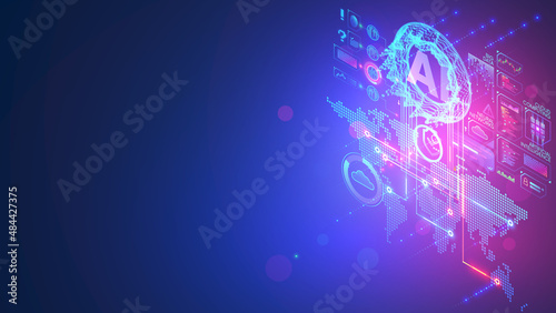 AI or artificial intelligence analyzing flow of data in social networks. Innovation technology Digital analytics of big data in internet. Cloud computing, machine learning for process information.