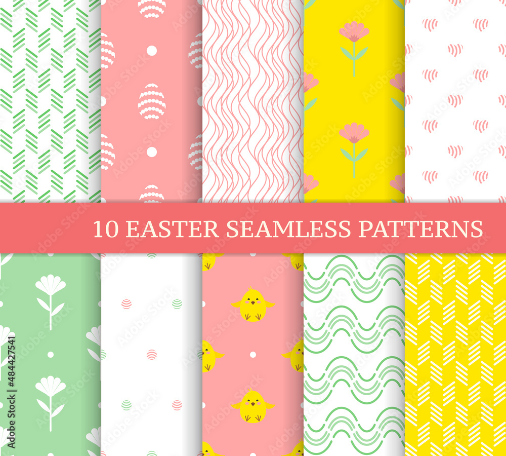 Ten different Easter seamless patterns. Endless texture for wallpaper, fill, web page background, texture. Colorful cute background with Easter chicks, flowers, lines and waves.