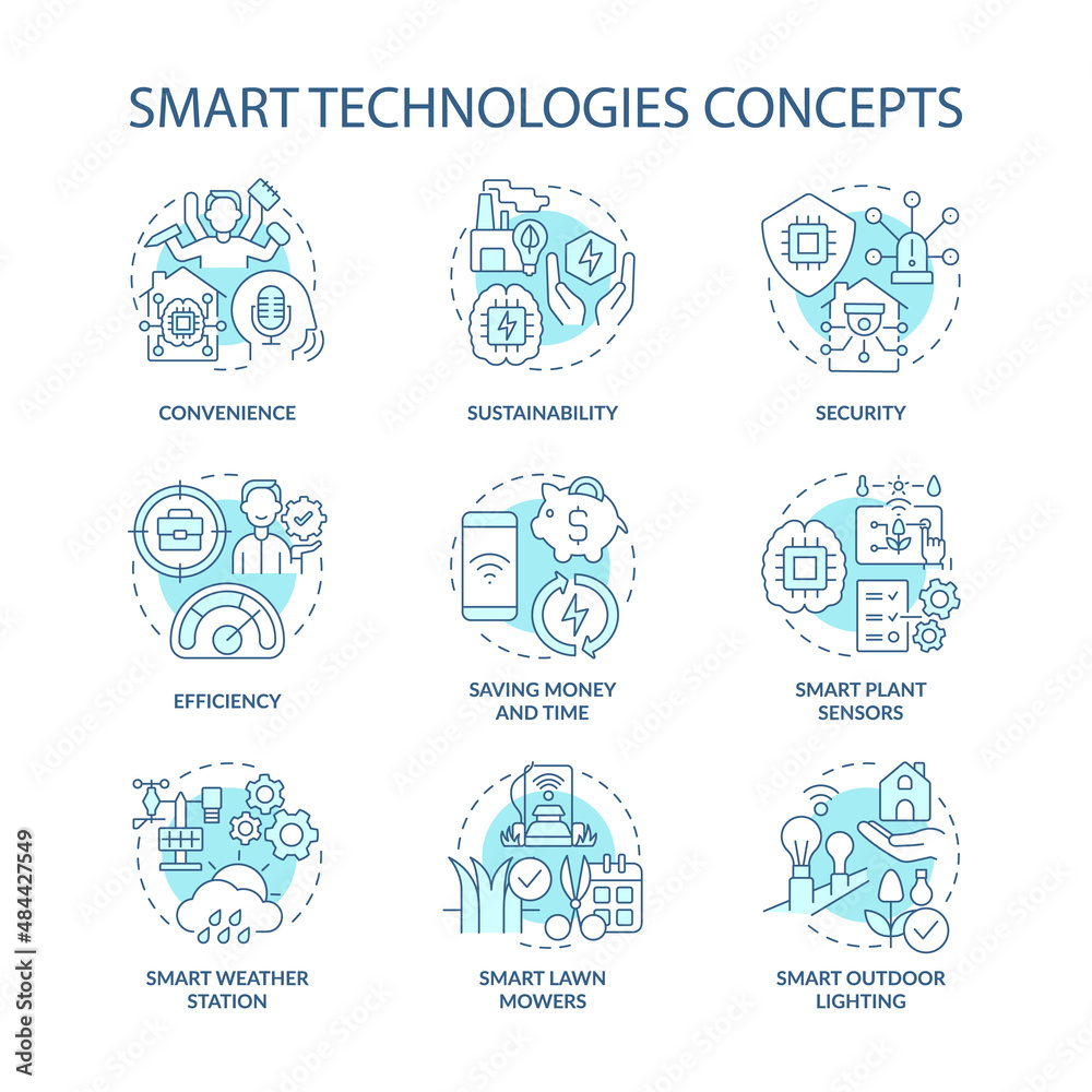 Smart technologies turquoise concept icons set. Iot devices idea thin line color illustrations. Sustainable solution. Isolated symbols. Editable stroke. Roboto-Medium, Myriad Pro-Bold fonts used