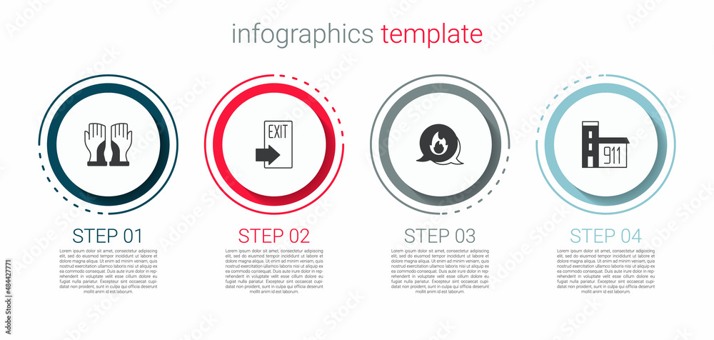 Set Firefighter gloves, exit, Emergency call and Building of fire station. Business infographic template. Vector Set Firefighter gloves, exit, Emergency call and Building of fire station. Business infographic template. Vector