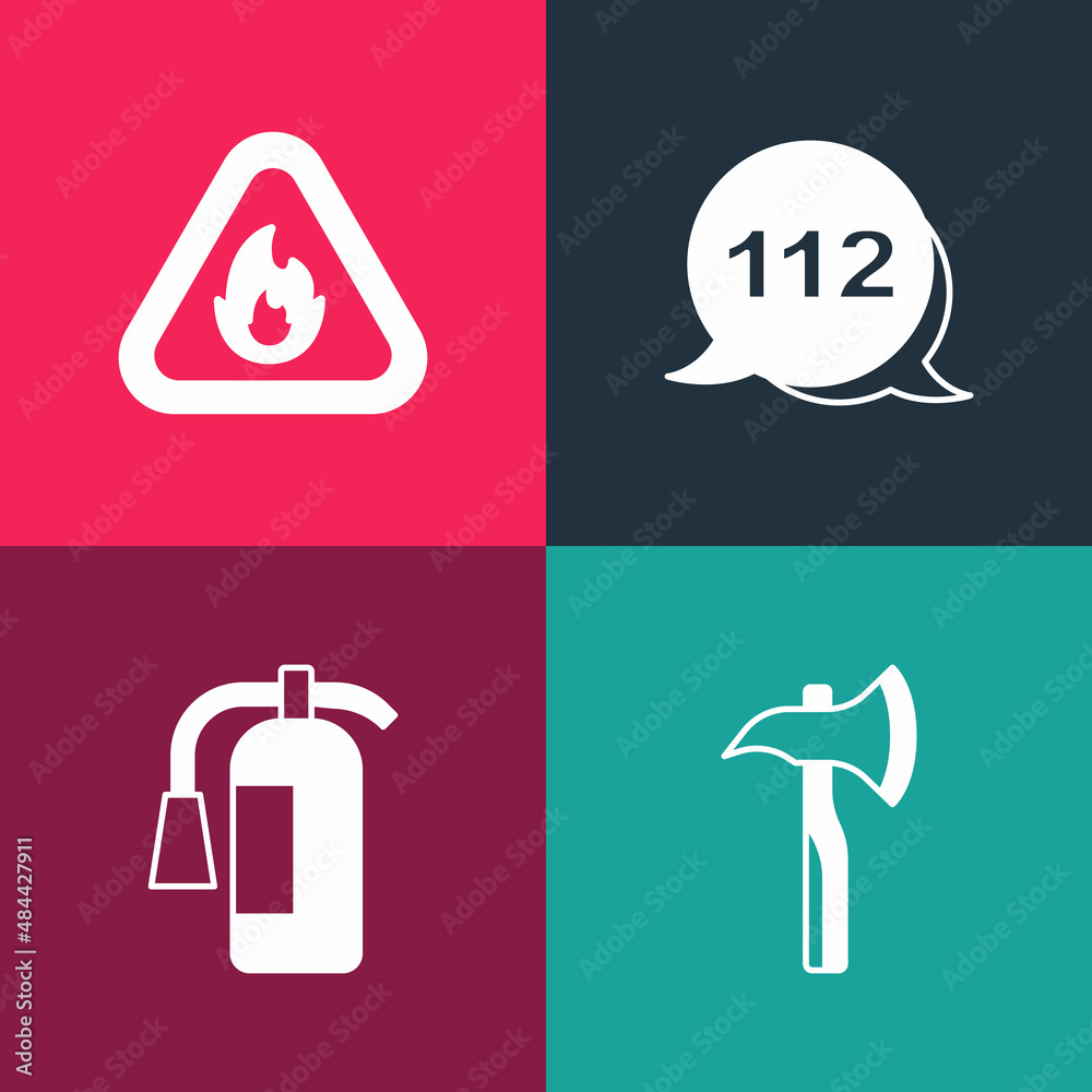 Set pop art Firefighter axe, extinguisher, Emergency call and flame triangle icon. Vector