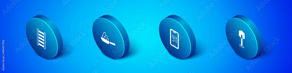 Set Isometric Fire escape, Mobile emergency call 911, shovel and Pan with fire icon. Vector Set Isometric Fire escape, Mobile emergency call 911, shovel and Pan with fire icon. Vector