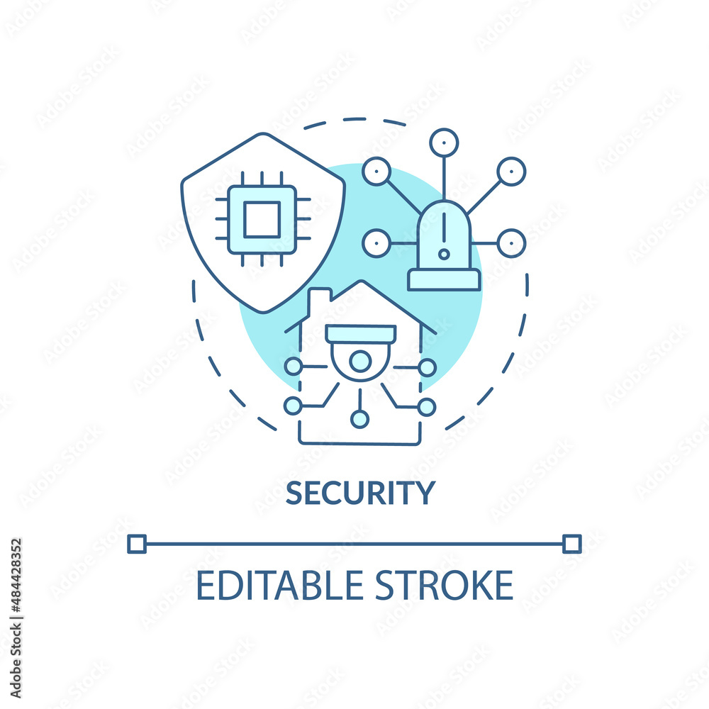 Security turquoise concept icon. Smart technologies advantage abstract idea thin line illustration. Home automation system. Isolated outline drawing. Editable stroke. Arial, Myriad Pro-Bold fonts used
