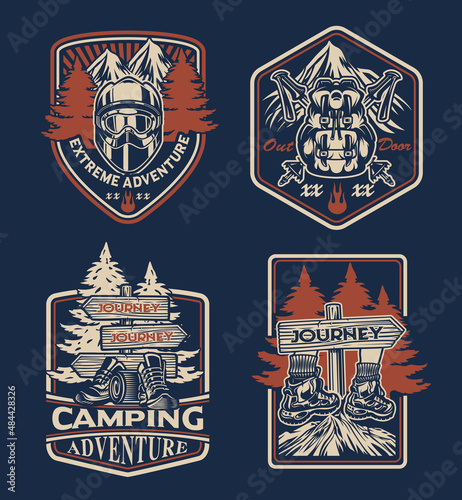 Set of the vintage label for the camping theme on the black background. Perfect for posters, apparel, T-shirt design, and many other uses. 