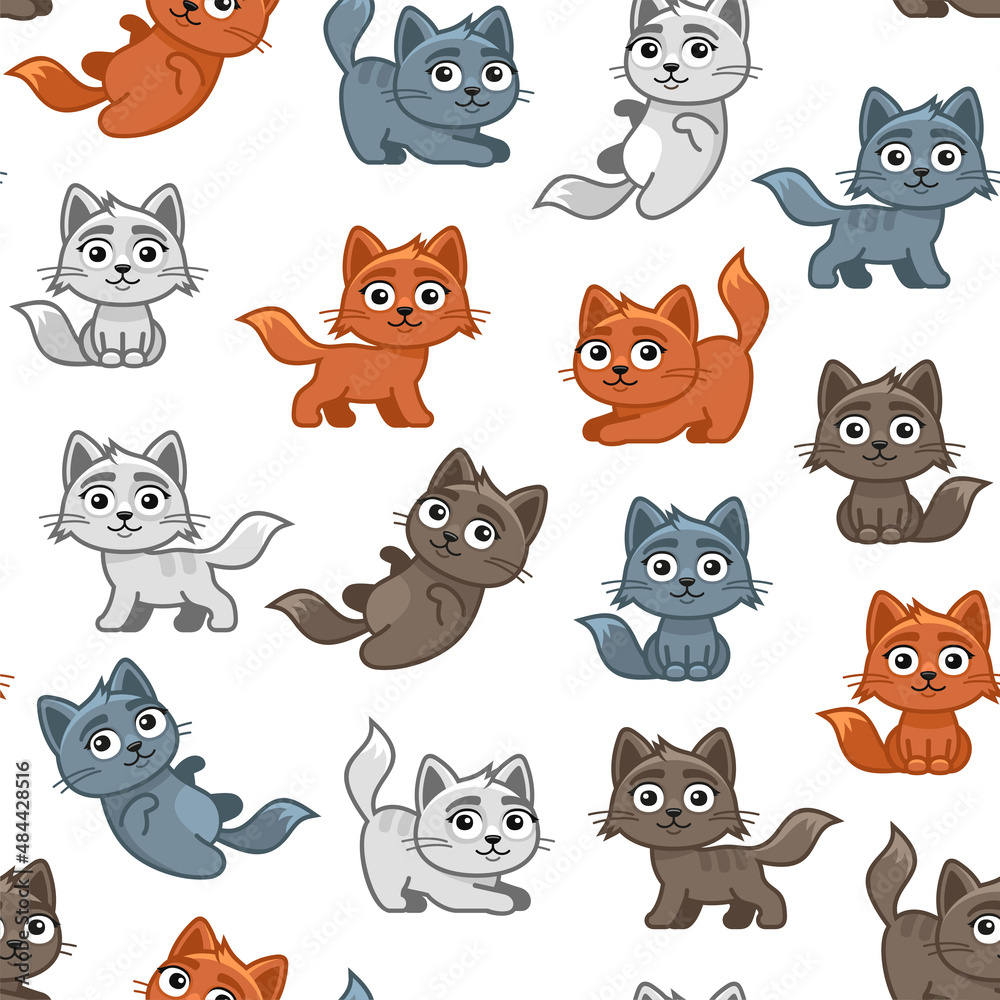 Cute Cat Seamless Pattern with Difference Poses. Vector
