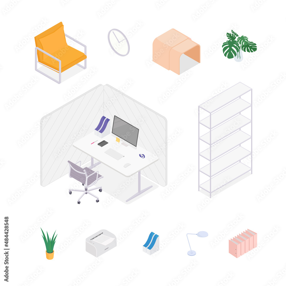 Isometric office desk, workspace. Vector illustration in flat design, isolated.
