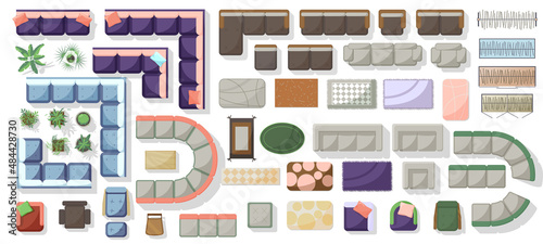 Furniture elements top view for plan of house, living room, apartment, flat, office, project. Interior icon, sofa, chairs, plants. Collection of Isolated Furniture symbols set for interior design