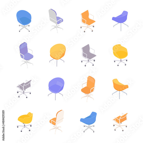 Set of isometric chairs and armchairs. Vector collection. Illustration in flat design.
