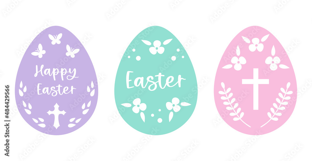 Easter eggs set decorated with flowers, plants, crosses and butterflies. Easter eggs ornaments. Religion theme. Vector illustration in pastel colors. Easter eggs set decorated with flowers, plants, crosses and butterflies. Easter eggs ornaments. Religion theme. Vector illustration in pastel colors.