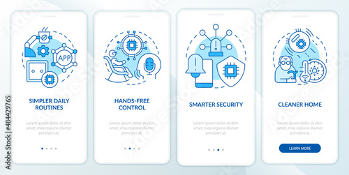 Smart technology for elderly blue onboarding mobile app screen. Housework walkthrough 4 steps graphic instructions pages with linear concepts. UI, UX, GUI template. Myriad Pro-Bold, Regular fonts used