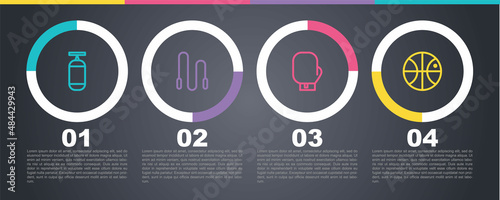 Set line Punching bag, Jump rope, Boxing glove and Basketball ball. Business infographic template. Vector