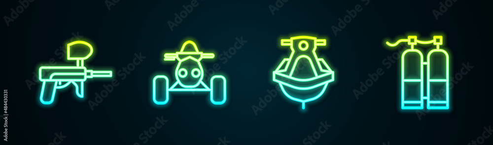 Set line Paintball gun, ATV motorcycle, Jet ski and Aqualung. Glowing neon icon. Vector Set line Paintball gun, ATV motorcycle, Jet ski and Aqualung. Glowing neon icon. Vector