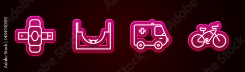 Set line Knee pads, Skate park, Ambulance and emergency car and Bicycle. Glowing neon icon. Vector