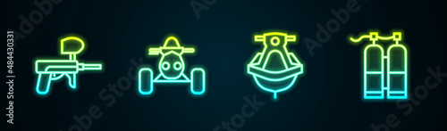Set line Paintball gun, ATV motorcycle, Jet ski and Aqualung. Glowing neon icon. Vector