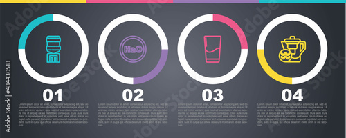 Set line Water cooler, Chemical formula for H2O, Glass with water and jug filter. Business infographic template. Vector