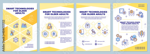 Smart technologies for older adults orange brochure template. Leaflet design with linear icons. 4 vector layouts for presentation, annual reports. Arial-Black, Myriad Pro-Regular fonts used