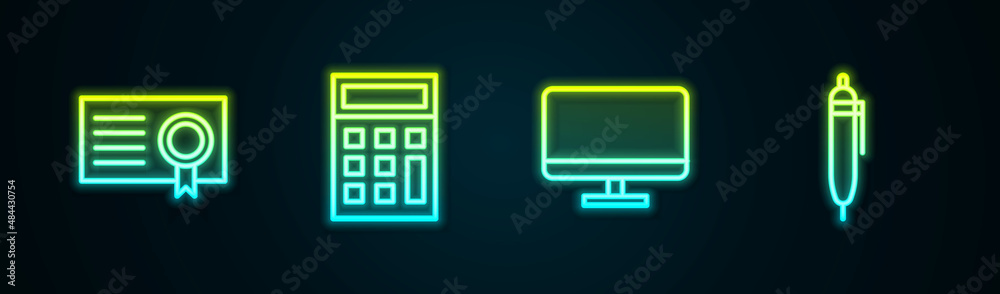 Set line Certificate template, Calculator, Computer monitor screen and Pen. Glowing neon icon. Vector Set line Certificate template, Calculator, Computer monitor screen and Pen. Glowing neon icon. Vector