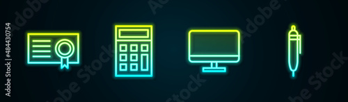 Set line Certificate template, Calculator, Computer monitor screen and Pen. Glowing neon icon. Vector