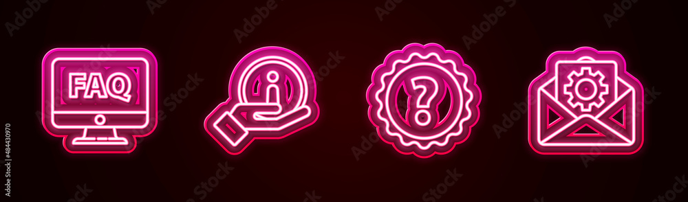 Set line Computer monitor and FAQ, Information, Question mark and Envelope setting. Glowing neon icon. Vector Set line Computer monitor and FAQ, Information, Question mark and Envelope setting. Glowing neon icon. Vector