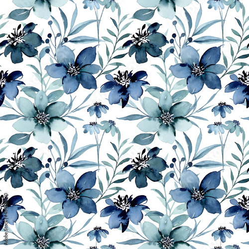 Beautiful blue floral watercolor seamless pattern