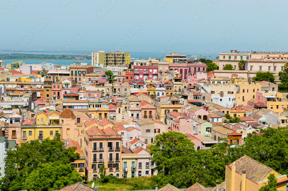 City landscape of colorful old Cagliari, Sardinia, Italy