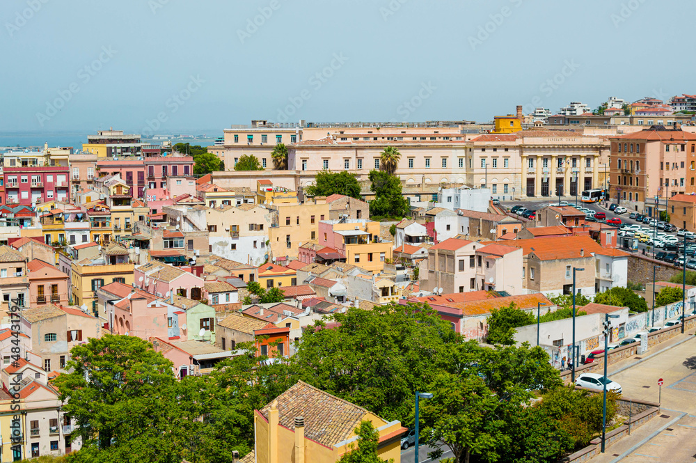 City landscape of colorful old Cagliari, Sardinia, Italy