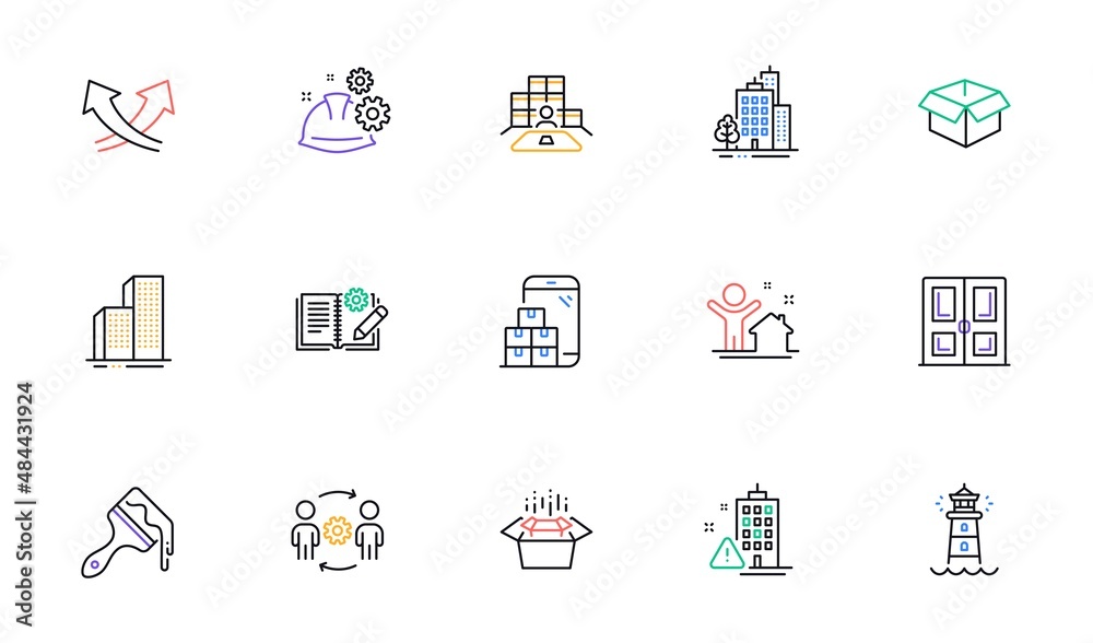 Engineering documentation, Engineering team and Brush line icons for website, printing. Collection of Working process, Lighthouse, Opened box icons. Intersection arrows, Buildings. Vector Engineering documentation, Engineering team and Brush line icons for website, printing. Collection of Working process, Lighthouse, Opened box icons. Intersection arrows, Buildings. Vector
