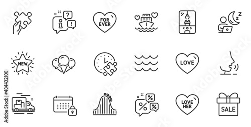 Outline set of Crane claw machine, For ever and New star line icons for web application. Talk, information, delivery truck outline icon. Include Discounts chat, Puzzle, Ice creams icons. Vector