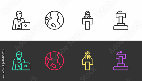 Set line Businessman, Earth globe, Stage stand or tribune and on black and white. Vector