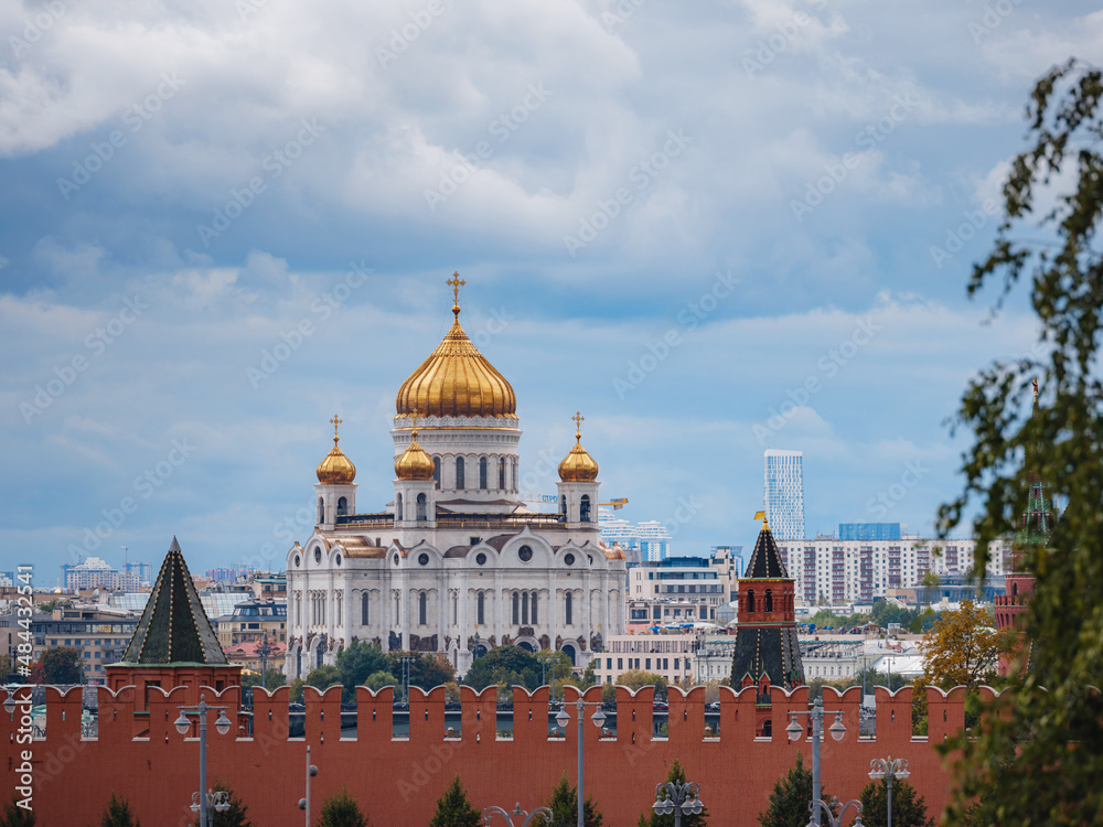 travel to moscow, russia, main tourist attractions. View of the Cathedral of Christ the Savior in the very center of city. cloudy day