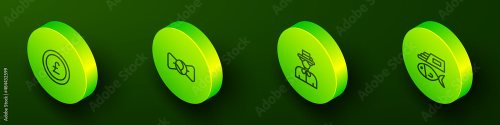 Set Isometric line Coin money with pound, Bow tie, Queen Elizabeth and Fish and chips icon. Vector Set Isometric line Coin money with pound, Bow tie, Queen Elizabeth and Fish and chips icon. Vector