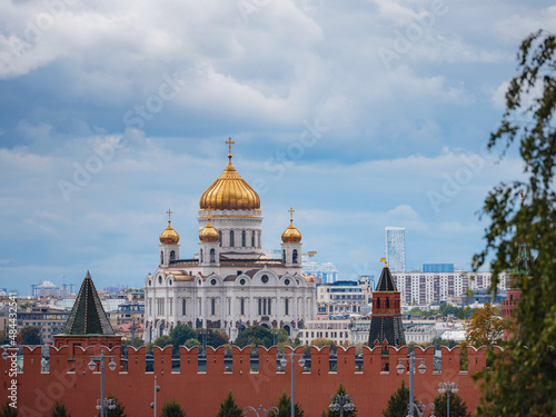travel to moscow, russia, main tourist attractions. View of the Cathedral of Christ the Savior in the very center of city. cloudy day