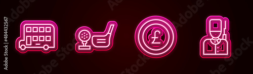 Set line Double decker bus, Golf club with ball on tee, Coin money pound and British soldier. Glowing neon icon. Vector