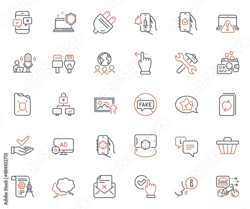 Technology icons set. Included icon as Dermatologically tested, Touchscreen gesture and Computer cables web elements. Repair, Lock, Fake news icons. Update document, 3d app. Vector