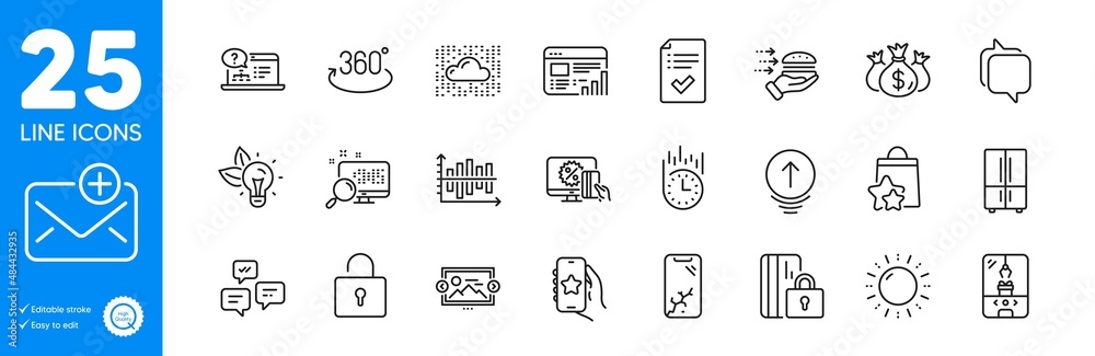 Outline icons set. Lock, Smartphone broken and Favorite app icons. Online shopping, Food delivery, Chat messages web elements. Diagram chart, Search, Approved checklist signs. Vector Outline icons set. Lock, Smartphone broken and Favorite app icons. Online shopping, Food delivery, Chat messages web elements. Diagram chart, Search, Approved checklist signs. Vector
