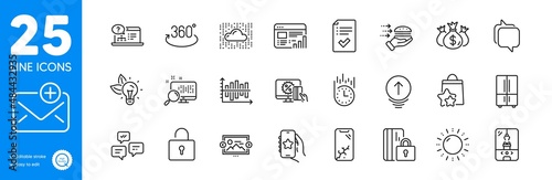 Outline icons set. Lock, Smartphone broken and Favorite app icons. Online shopping, Food delivery, Chat messages web elements. Diagram chart, Search, Approved checklist signs. Vector