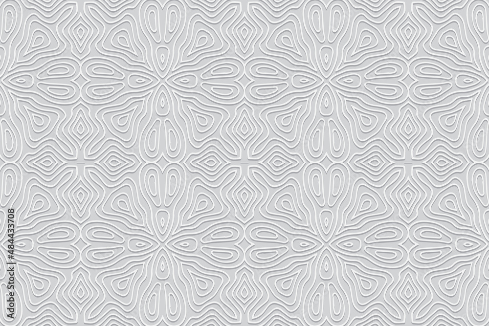 Embossed ethnic white background, minimalist cover design, art deco style. Geometric monochrome 3D pattern. National flavor of the peoples of the East, Asia, India, Mexico, Aztecs.