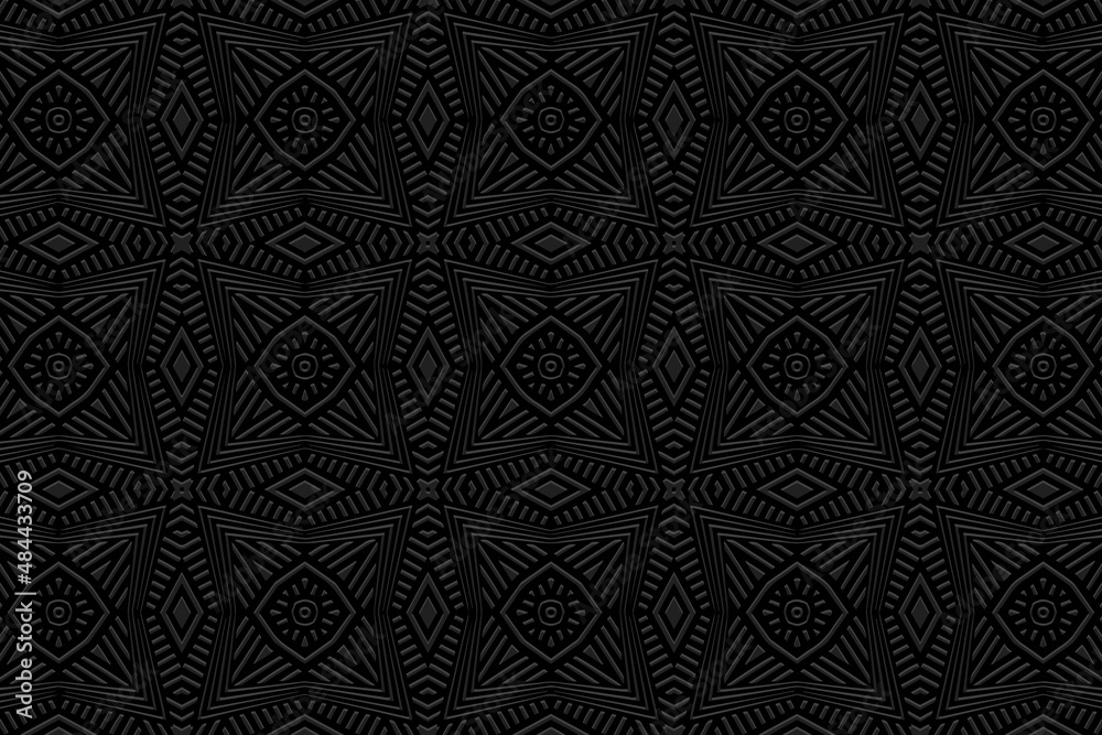 Embossed ethnic black background, trendy cover design, art deco style. Geometric monochrome 3D pattern. National flavor of the peoples of the East, Asia, India, Mexico, Aztecs.