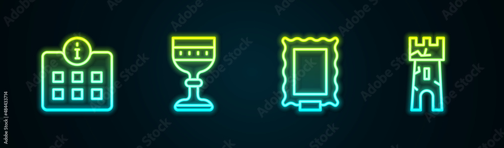 Set line Information, Medieval goblet, Picture and Castle tower. Glowing neon icon. Vector Set line Information, Medieval goblet, Picture and Castle tower. Glowing neon icon. Vector