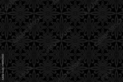 Embossed ethnic black background, openwork cover design, art deco style. Geometric monochrome 3D pattern with swirls. National flavor of the peoples of the East, Asia, India, Mexico, Aztecs. 
