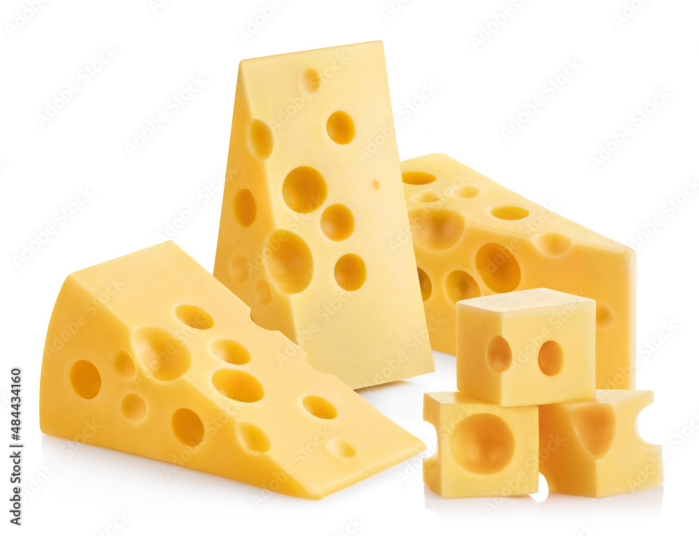 Group of delicious cheese pieces, isolated on white background Group of delicious cheese pieces, isolated on white background