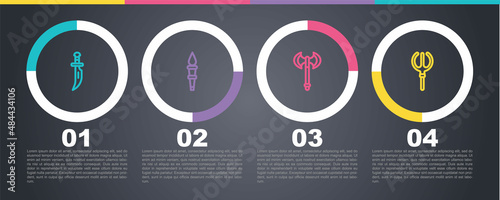 Set line Dagger, Torch flame, Medieval axe and Neptune Trident. Business infographic template. Vector