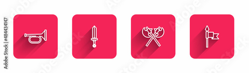 Set line Trumpet, Medieval sword, Crossed medieval axes and spear with long shadow. Red square button. Vector