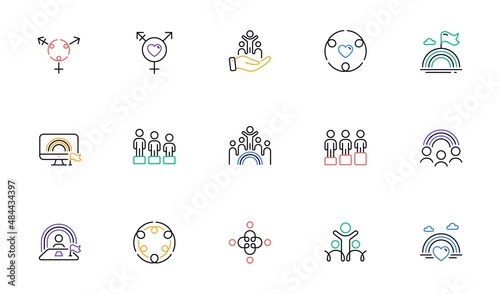 Equality, Equity and Diversity line icons. LGBT rights, Equal opportunities and respective needs icons. Inclusion, culture equity and LGBT pride flag. Diverse people equality, Gender symbol. Vector