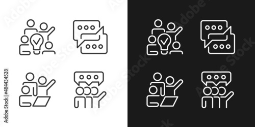Group tasks pixel perfect linear icons set for dark, light mode. Communication for collaborative process. Thin line symbols for night, day theme. Isolated illustrations. Editable stroke