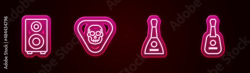 Set line Stereo speaker, Guitar pick, Balalaika and . Glowing neon icon. Vector