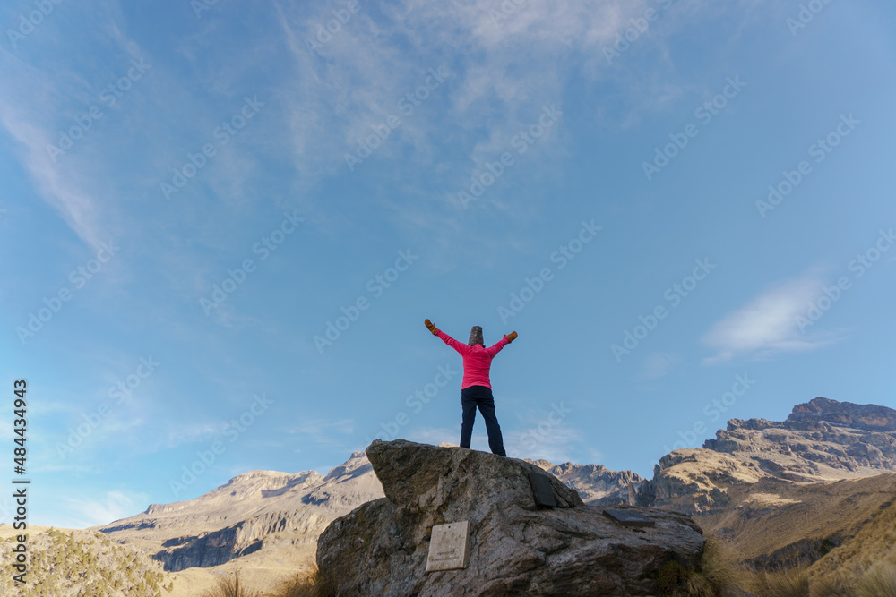 woman hiker open arms at mountain top cliff edge woman hiker open arms at mountain top cliff edge woman hiker open arms at mountain top cliff edge woman hiker open arms at mountain top cliff edge